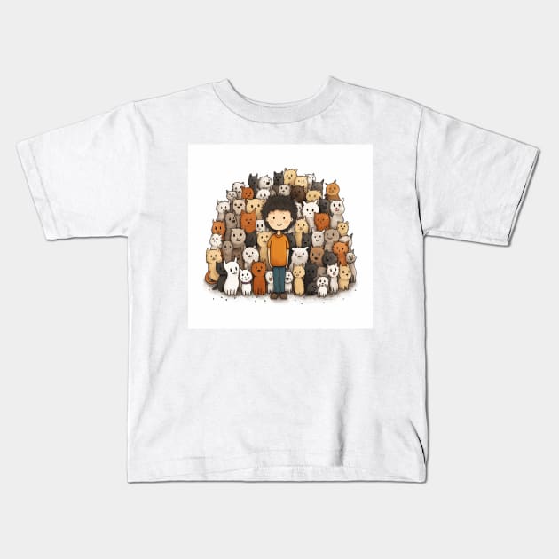 A Boy Surrounded by Playful Dogs 2 Kids T-Shirt by saveasART